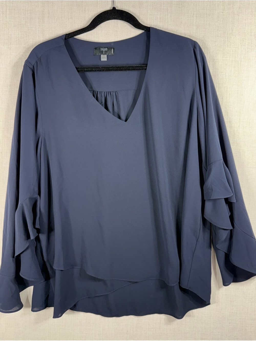 Tahari Navy V-Neck Blouse with Layered Ruffle Sleeves